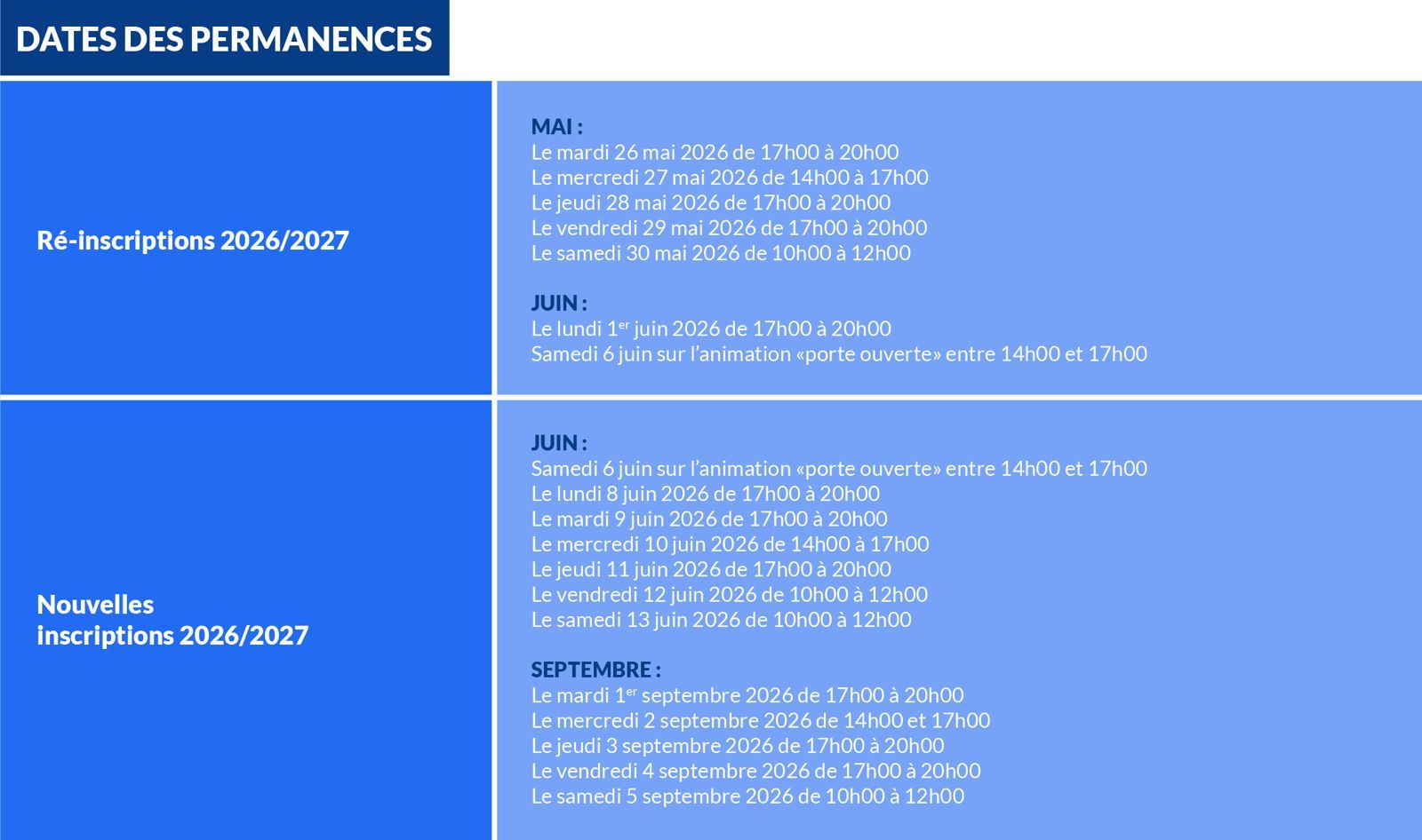 Tableaux UHG 2026-2027 dates des permanences